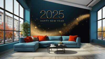 2025 New year with Abstract shiny color gold wave design element and glitter effect on dark background. For Calendar, poster design Wall mural