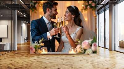 A bride and groom toast with champagne at their wedding reception, surrounded by elegant floral arrangements and a festive atmosphere. Wall mural