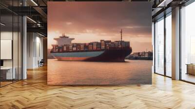 A cargo ship unloading containers at the port
 Wall mural