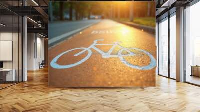 A close-up of a bright white bicycle symbol on a smooth bike path, ensuring visibility in a well-maintained urban setting. Wall mural