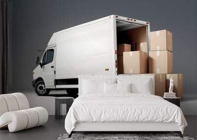 A commercial delivery van or box truck, its rear doors open, glossy ground, surrounded by a variety of empty cardboard boxes in various sizes on a plain grey backdrop.
 Wall mural