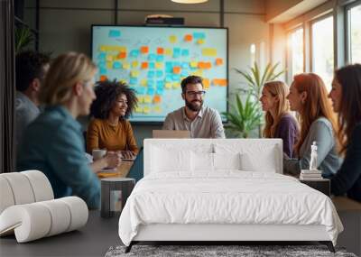 A diverse team brainstorms in a bright glass office, surrounded by vibrant post-its and natural light.







 Wall mural