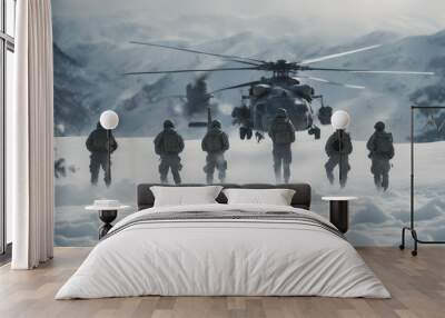 A group of soldiers stationed at the top of a snowy mountain, standing in formation amidst the freezing cold, as a military helicopter approaches to pick them up. Wall mural