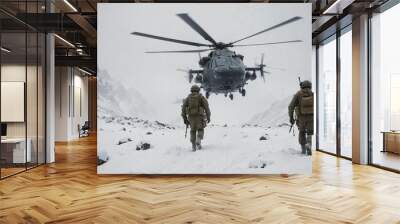 A military helicopter flies low over a snowy mountain pass in a snowstorm. Two soldiers  disembark into the deep snow, quickly setting up a perimeter as heavy snow and dark clouds surround them.
 Wall mural