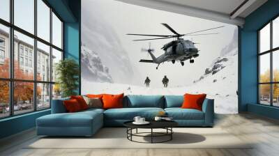 A military helicopter flies low over a snowy mountain pass in a snowstorm. Two soldiers  disembark into the deep snow, quickly setting up a perimeter as heavy snow and dark clouds surround them.
 Wall mural