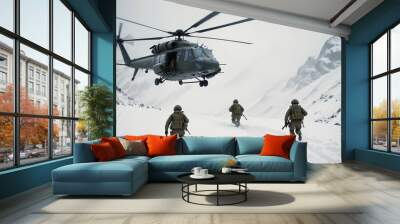 A military helicopter flies low over a snowy mountain pass in a snowstorm. Two soldiers  disembark into the deep snow, quickly setting up a perimeter as heavy snow and dark clouds surround them.
 Wall mural