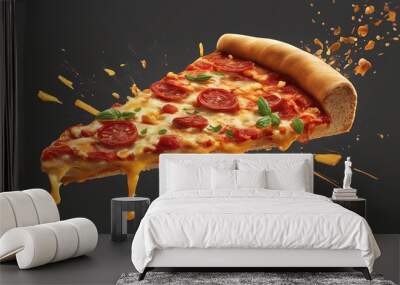 a piece of pizza slice, exploding ingredients and melting cheese
 Wall mural