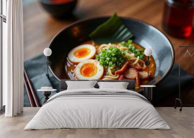 A refined bowl of ramen in an elegant restaurant, ideal for menu display. Wall mural