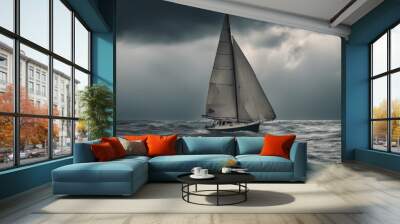 A small sailboat racing against time to reach the shore as a sudden thunderstorm rolls in, with dark clouds overhead and wind whipping through the sails.
 Wall mural