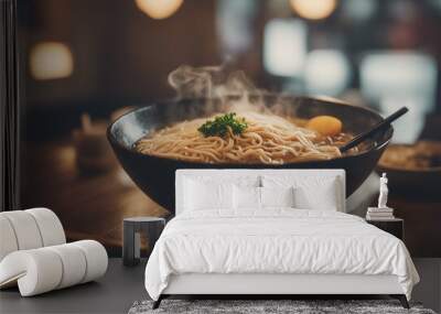 A steaming bowl of ramen in a restaurant
 Wall mural