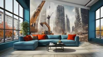 A vibrant construction site filled with heavy machinery like cranes, bulldozers, and excavators.






 Wall mural