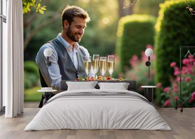 A waiter in a crisp uniform holds a tray with champagne glasses and gourmet appetizers at a garden event Wall mural