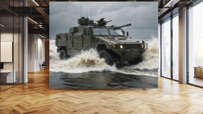 An amphibious assault vehicle navigating through choppy waters and heavy rain as it approaches a storm-battered shoreline during a military exercise.
 Wall mural