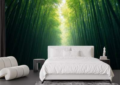 An enchanting bamboo forest with sunlight streaming through tall stalks, creating a tranquil, mystical atmosphere.







 Wall mural