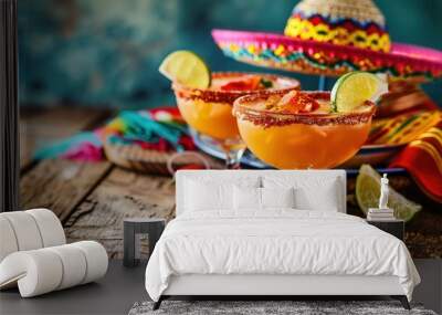 Attractive A colorful mexican table with a mexican flag behind it Wall mural