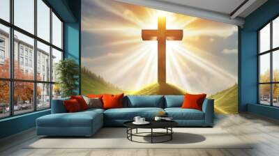 Attractive The cross of God in the rays of the sun, Cross on the hill, Religious concept Wall mural