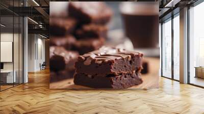 classic american brownies with a fudgy center, served on a wooden board
 Wall mural