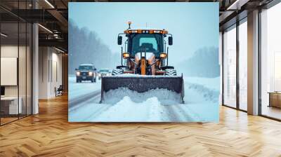 Close-up of a snow plow grader clearing a highway during heavy snowfall, with vehicles waiting behind.






 Wall mural