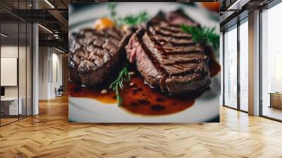 delicious grilled beef in a plate on old wooden desk. copy space for text
 Wall mural