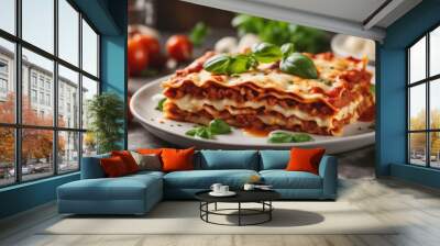 delicious home made traditional lasagna with ingredients at kitchen 

 Wall mural