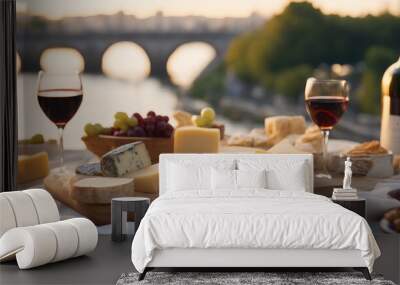 Enjoy a luxurious picnic with a cheese plateau and wine by the Seine River in Paris during the golden hour.
 Wall mural