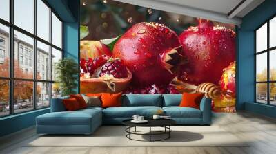 Eyecatching Pomegranate seeds and juice on wooden table on light blurred background Wall mural