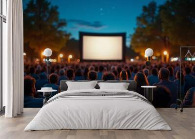 Families and couples watching a movie on an outdoor screen, viewed from behind. Wall mural