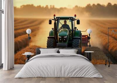 Farmer drives a tractor with equipment across a sunlit field, with detailed machinery and a blurred backdrop.







 Wall mural