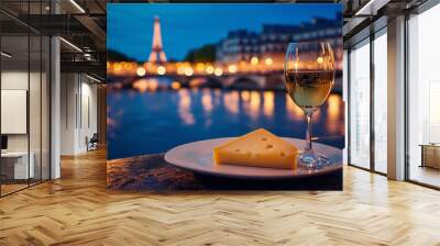 glass of wine and cheese by the river Seine, Paris city
 Wall mural