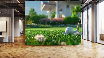 Glorious Close up on golf clubs on grass Wall mural