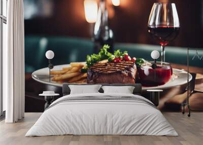 grilled red meat cooked medium rare on a white porcelain plate with a glass of red wine in a luxury restaurant

 Wall mural