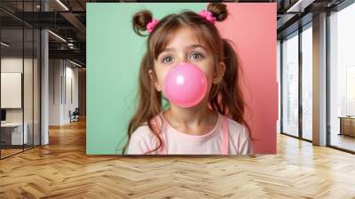 Happy, stylish kid blowing a bubblegum bubble against a colorful background.







 Wall mural