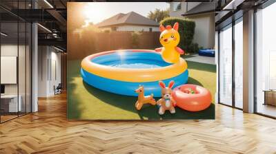 inflatable pool in the backyard of a house, there are children's toys around the pool, advertising shot, copy space for text
 Wall mural