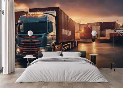 lorries carrying containers in commercial harbour, sunset light
 Wall mural