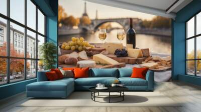 luxury picnic with cheese plateau and wine by the Seine river Paris, golden hour
 Wall mural