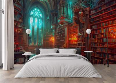 Magnificent Illustration fantasy Whimsical Library book shelves poster Wall mural