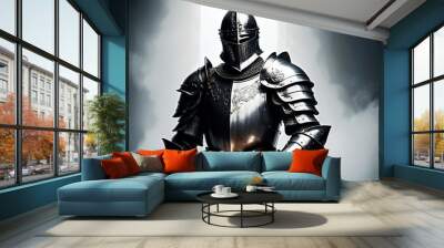 Majestic portrait of a noble medieval knight clad in ornate steel plate armor, his sword at the ready Wall mural