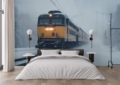 Passenger train moving through fog and heavy snow

 Wall mural