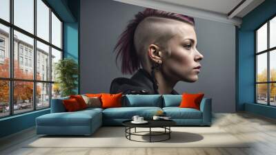 Portrait of a girl in a punk outfit with shaved-side hair, isolated white background. Wall mural