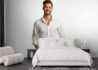 Portrait of a handsome middle-aged man in blue jeans and a silk shirt with a friendly expression against a plain white background.






 Wall mural