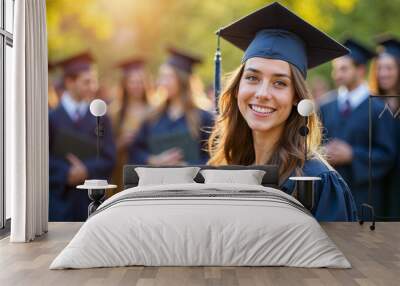 Portrait of a joyful female graduate with blurred students in the sunny background. Wall mural