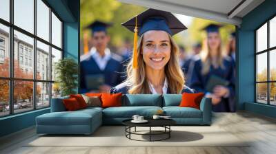 Portrait of a joyful female graduate with blurred students in the sunny background. Wall mural