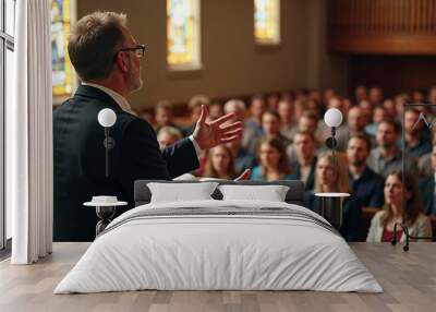 Preacher delivering a Gospel message passionately from the pulpit in a warm church setting.







 Wall mural