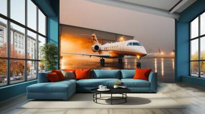 private jet ready for flight on runway at sunrise in rainy fog
 Wall mural