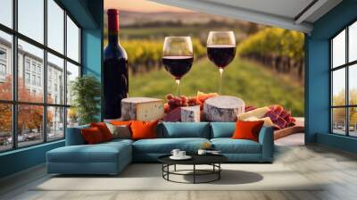 Red wine beside artisan cheese and cured meats, set against a vineyard at sunset, indulgent and gourmet.
 Wall mural