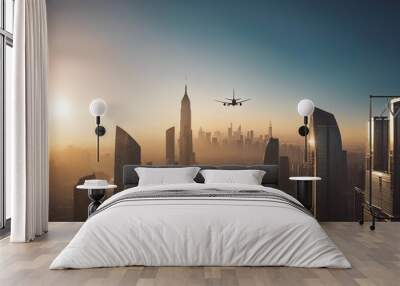 silhouette of a passenger plane flying over two skyscrapers Wall mural