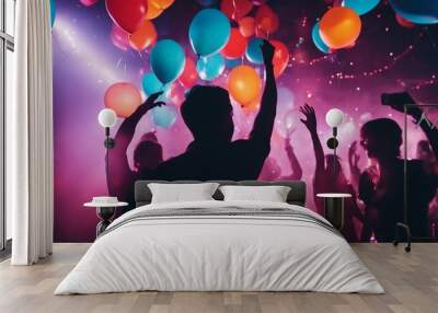 silhouette of young people having fun in a night club, colored lights, colorful balloons flying, smoky palce
 Wall mural