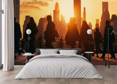 silhouettes of business people crossing the pedestrian walkway in new york, sunset cityscape
 Wall mural