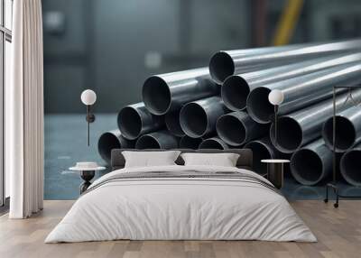 Stack of polished stainless steel pipes in an industrial setting, showcasing durability and precision.






 Wall mural