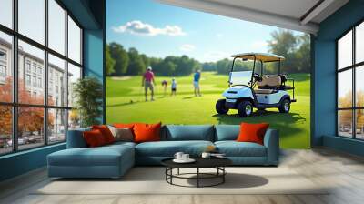 Stylish golf cart on a sunlit course with a panoramic view, golfers in the distance, and space for text.






 Wall mural